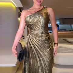 Sexy Symmetrical Hollow Pleats Long Dress Lady Fashion Slanted Neck High Waist Party Dress Elegant Temperament Solid Party Dress