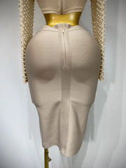 Women Sexy Long Sleeve Mesh Pearl Top Celebrity Midi Women Bandage Set 2025 Designer Evening Party Luxury Birthday Two Piece Set