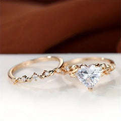 Heart Shaped Ring Set Green Black Red Stone Heart Ring Sets for Women Rose Gold Color White Zircon Wedding Bands Jewelry