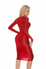 Sexy Women Oil Glossy Shiny Tight Pencil Dress Stain Smooth Bodycon Dress Elastic Push Up Packet Hip Stretch Step Dress