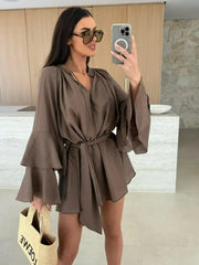 Elegant Fold Dress Women Brown Deep V-neck Long Sleeve Mini Dresses Female 2025 Spring Summer Fashion Loose Lady Vestidos