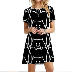 Painted Patters Cats Print Dress Short Sleeve Kawaii Women Dresses Summer For 2022 Fashion O-Neck Street Casual Loose Clothing