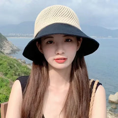 Summer Women Bucket Hat UV Protection Sun Hats Soft Foldable Wide Brim Outdoor Beach Hat Panama Cap Ponytail Cap