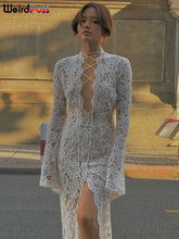 Weird Puss Embroidery Ruffles Dress Women Sexy Deep V-Neck Slits See Through Solid Tassel Petal Cuffs Street Elegance Vestidos