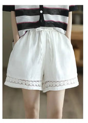 Cotton Linen Vintage High-Waist Elastic New Style Tie-Belt Embroidered Hollow Casual Straight Shorts