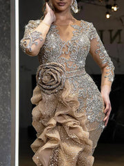 Women Elegant Luxurious Gold Sequins Evening Dress Sheer Sleeve Round Neck Ruffle Irregular Sexy High Split Wedding Maxi Dresses