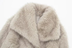 TRAFZA Women Fashion Cropped Faux Fur Jacket Coat Long Sleeve Front Snap-button Female Outerwear Chic Lapel Collar Thick Coat