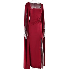 Mozision Long Cape Sleeve Split Maxi Dress For Women Gown Fashion Solid Square Collar Evening Sexy Long Dress Elegant New