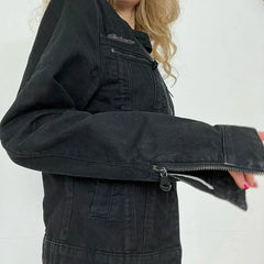 Rockmore Streetwear Double Zipper Denim Jackets Solid Casual Vintage Long Sleeve Outerwear Harajuku Cargo Style Women's Coats