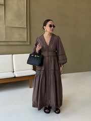 Elegant Lace Patchwork Hollow Out Dress Women Solid V-neck Long Lantern Sleeve Loose Dresses 2025 Spring Vacation Lady Robes