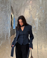 Tossy Elegant Female Striped Suit Coat For Women Scarf Lace-Up Patchwork V-Neck Long Sleeve Luxury Outwear Female Jackets Coat