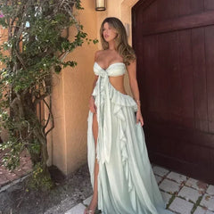 Chic Women Spring Hollow Out 3d Flower Ruffled Hem Long Dress Elegant Off Shoulder Backless Robe 2025 New Lady Street Party Gown