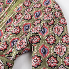 Winter Green Flower Print V neck Quilted Jacket Ethnic Women Tie Bow Sashes Quilting Full Sleeve Coat BOHO Midi Outerwear