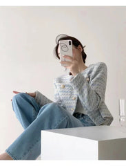 ITOOLIN Autumn Winter Women Elegant Tweed Cardigan Short Coat With Pocket Single Breasted Jacket For Women Loose Outwear 2024
