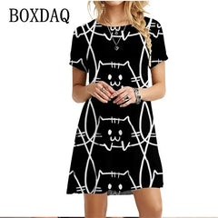 Painted Patters Cats Print Dress Short Sleeve Kawaii Women Dresses Summer For 2022 Fashion O-Neck Street Casual Loose Clothing