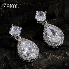 ZAKOL Classic Water Drop Cubic Zircon Bridal Dangle Earrings for Women Girl Trendy CZ Crystal Wedding Engagement Jewelry