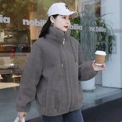 Women Winter Double Coral Fleece Warm Coat Stand Collar Plush Thick Overcoat Female Fashion Casual Long Sleeve Zipper Clothes