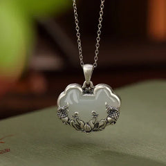 925 silver Natural Hotan Jade fish-shaped Lotus flower necklace Retro Chinese style Ruyi Pendant clavicle chain jewelry