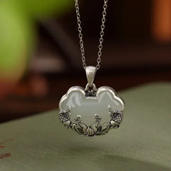 925 silver Natural Hotan Jade fish-shaped Lotus flower necklace Retro Chinese style Ruyi Pendant clavicle chain jewelry