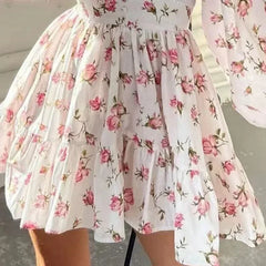 Spring Women's New Temperament Sweet Fashion Print Sexy V-neck Lace Lantern Sleeves High Waist Short A-line Dress