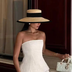 Straw summer hat French elegant ladies seaside travel sun hat Hepburn style wide brim hat 햇빛가리개 모자 모자
