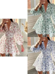 Spring Women's New Temperament Sweet Fashion Print Sexy V-neck Lace Lantern Sleeves High Waist Short A-line Dress