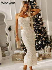 New Sequin Hollow Out Spaghetti Strap Backless Mermaid Long Dresses Women Elegant Celebrity Party Evening Wedding Bodycon Gowns