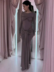 Tossy Female Pleated Sexy Maxi Dress Patchwork Twist Slim Long Sleeve Solid Y2k Autumn Streetwear Dress Women's Bodycon Dress