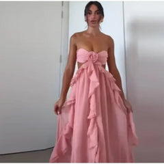 Chic Women Spring Hollow Out 3d Flower Ruffled Hem Long Dress Elegant Off Shoulder Backless Robe 2025 New Lady Street Party Gown