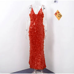 2025 Glitter Sequins Spaghetti Straps Women's Evening Dress Sleeveless Backless High Waist Floor Length Lady Birthday Party Gown