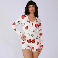 Ladies one-piece bodysuit sexy hot girl pajamas heart digital print short-sleeved set shorts home wear