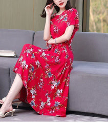 New Fashion Casual 2024 Summer Elegant Dresses For Women O-Neck Print Vintage Short Sleeve Dress Loose Women Clothing