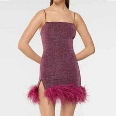 Sexy Sleeveless Hollow Irregular Long Dress Fashion Backless Slim Fit Party Dress Lady Elegant Feather Patchwork Suspender Dress