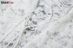 Weird Puss Embroidery Ruffles Dress Women Sexy Deep V-Neck Slits See Through Solid Tassel Petal Cuffs Street Elegance Vestidos