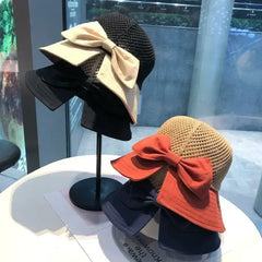 Summer Women Bucket Hat UV Protection Sun Hats Soft Foldable Wide Brim Outdoor Beach Hat Panama Cap Ponytail Cap