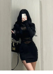 Pile Up Sleeves New Sexy Black Fishbone Dress Personalized Slim Women Dress Thin Gauze Perspective Wrap Around Buttocks F8Q3