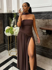 Butter Yellow Mesh Splicing Long Dress Elegant Strapless Split Backless Pleated Gowns For Women 2025 Lady Evening Party Gowns