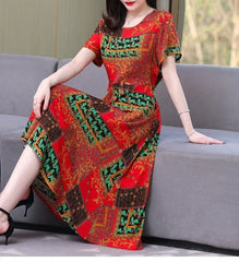 New Fashion Casual 2024 Summer Elegant Dresses For Women O-Neck Print Vintage Short Sleeve Dress Loose Women Clothing