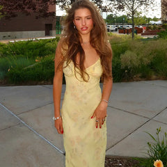 Cryptographic Summer Floral Print Plunge Maxi Dress Outfits Sexy Backless Fairy Sun Dresses Vacation Beachwear Vestido Coquette