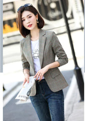 Gray Striped Plaid Blazer Jacket Women's Fashion Slim Coats V-Neck Single Button Ladies Blazers S-XXXXXL