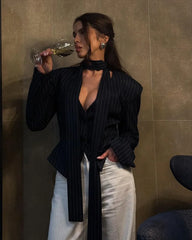 Tossy Elegant Female Striped Suit Coat For Women Scarf Lace-Up Patchwork V-Neck Long Sleeve Luxury Outwear Female Jackets Coat