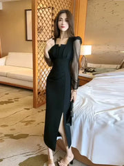 Gentle Temperament Slim Fit Dress with Women's Sleeves Square Neckline Pleated Solid Color Slimming Effect Medium Length Skirt