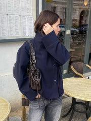 Fashion Women's Stand Collar Woolen Coats Long Sleeve Loose Female Short Coat 2025 Autumn Winter Office Lady Street Jacket