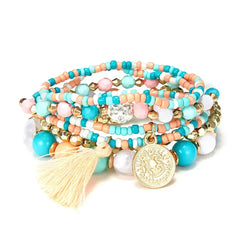 Bohemia Crystal Tassel Multicolor Beads Bracelets For Women Handmade Elastic Rope Charm Wrap Bracelet Summer Beach Party Jewelry