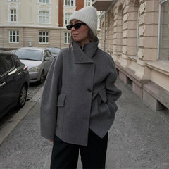 Fashion Women's Stand Collar Woolen Coats Long Sleeve Loose Female Short Coat 2025 Autumn Winter Office Lady Street Jacket