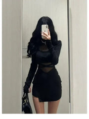 Pile Up Sleeves New Sexy Black Fishbone Dress Personalized Slim Women Dress Thin Gauze Perspective Wrap Around Buttocks F8Q3