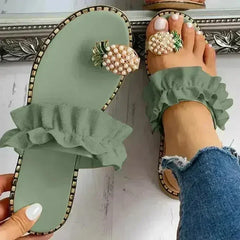 Pineapple Pearl Womens Slippers Flat Toe Casual Beach Slides - Femstylo