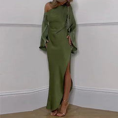 Sexy Oblique Shoulder Solid Irregular Dress Women Elegant Skew Collar Backless Long Dress Autumn Flare Sleeve Slit Party Dresses