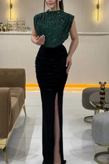 Lady Fashion Sleeveless Draped Split Dress Casual O Neck Sequin Splicing Party Dress 2025 New Year Elegant High Waist Long Dress