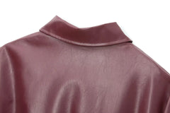TRAFZA Wine Red Faux Leather Jakcet Fashion Outerwear Thicken Zipper Lapel Pu Coats Autumn Winter Streetwear Ladies Tops Women